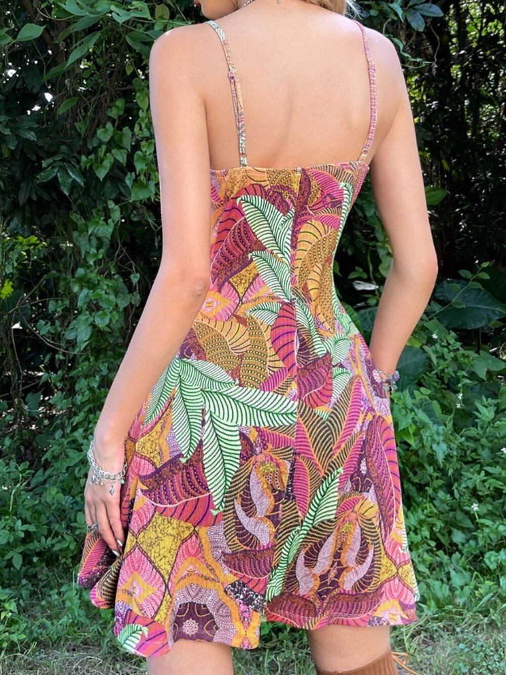 Multicolor Boho Women's Grunge Tropical Print Lace Knot Front Cami Dress - Picture 2 of 6